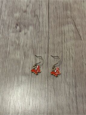 Gold Tone Butterfly Drop Earrings - Red Enamel